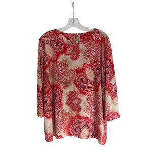 JM Collection Woman Red Paisley 3/4 Sleeve Scoop Neck Top Blouse 1X